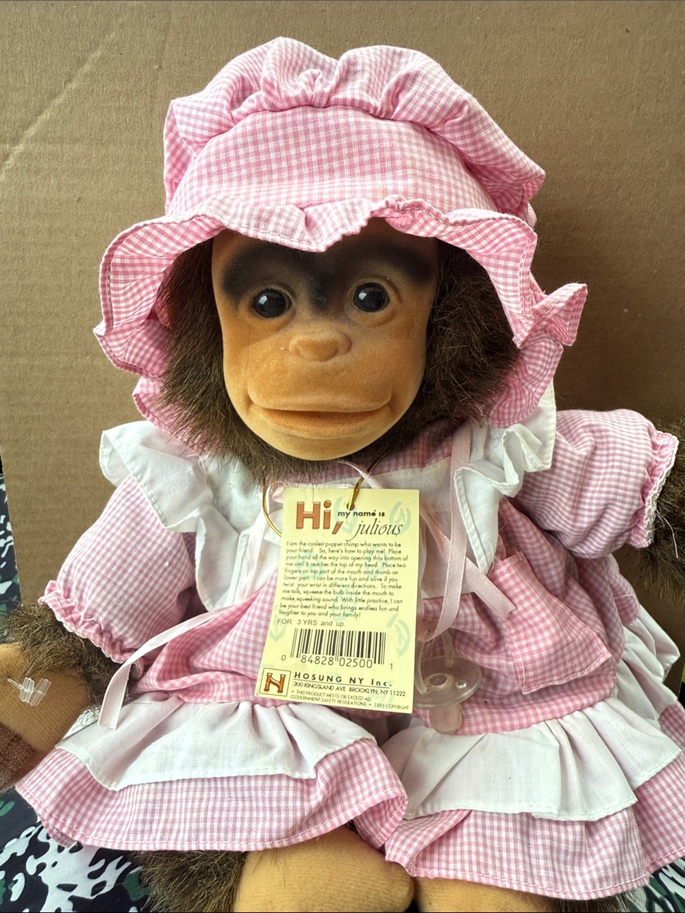 Adorable Hand Puppet Plush Monkey Doll in Pink Gingham Dress